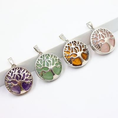 JMXD-Tree of Life Pendant Necklace Round Natural Stone Retro Fortune Tree  Hollow Peace Tree Necklace