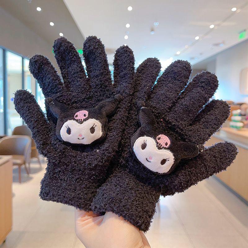 1Pair Kawaii Cute Kuromi Melody Cinnamoroll Kt Cat Gloves Cartoon Five Finger Gloves Autumn Winter Warm Student Gloves