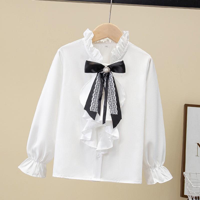 Girls' White Long Sleeve Lace Shirt - Spring/Autumn Student Uniform & Performance Costume