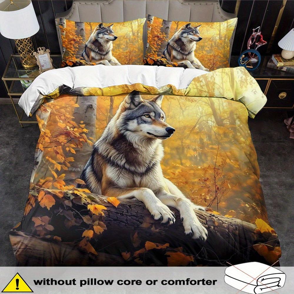 Wolf-Themed Duvet Cover Set - 2/3pcs, Soft, Comfortable, and Breathable, Forest Animal Pattern Printed Bedding, Wolf Print Duvet Cover Set,