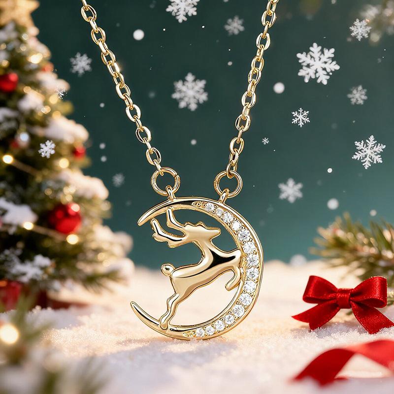 Crescent Moon with Jumping Reindeer Partial Paved Stone Pendant Women Cable Chain Clavicle Necklace
