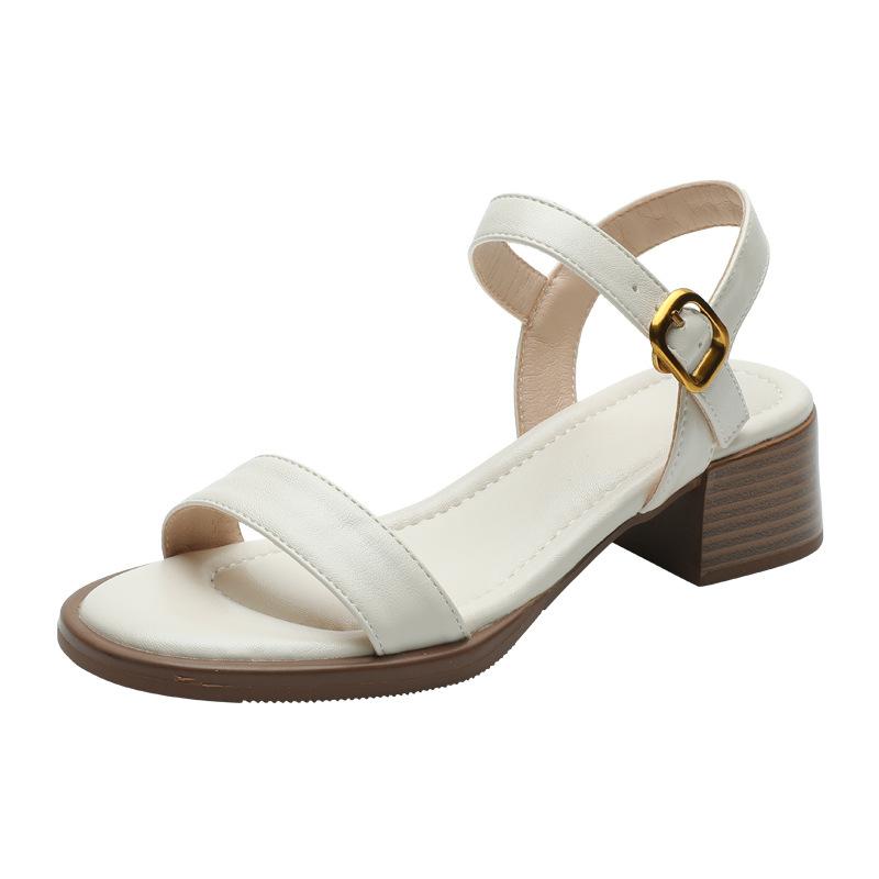 Summer new sandals women step on shit feeling medium heel thick heel one-word buckle belt Roman shoes wear holiday casual beach shoes