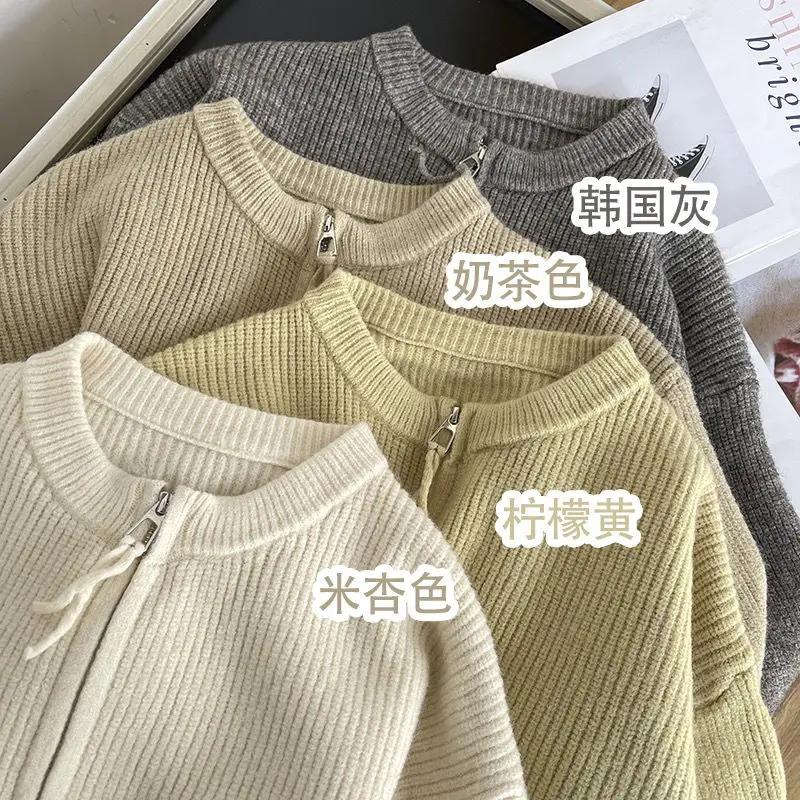 Doppelkopf-Reißverschluss Rundhals Strickjacke Top Weiche Strickjacke Pullover Damen Frühling und Herbst Neu Locker Tasche