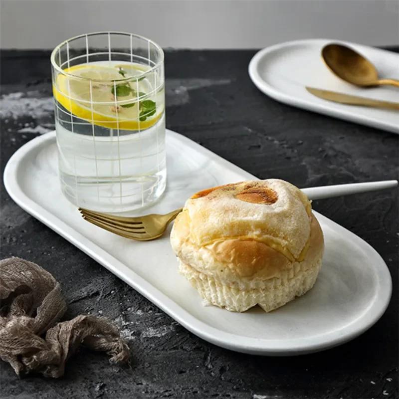 Nordic Creative White Marble Ceramic Jewelry Storage Tray Oval Ellipse Fruit Tray Decorative Plate Food Dessert Dish Tableware