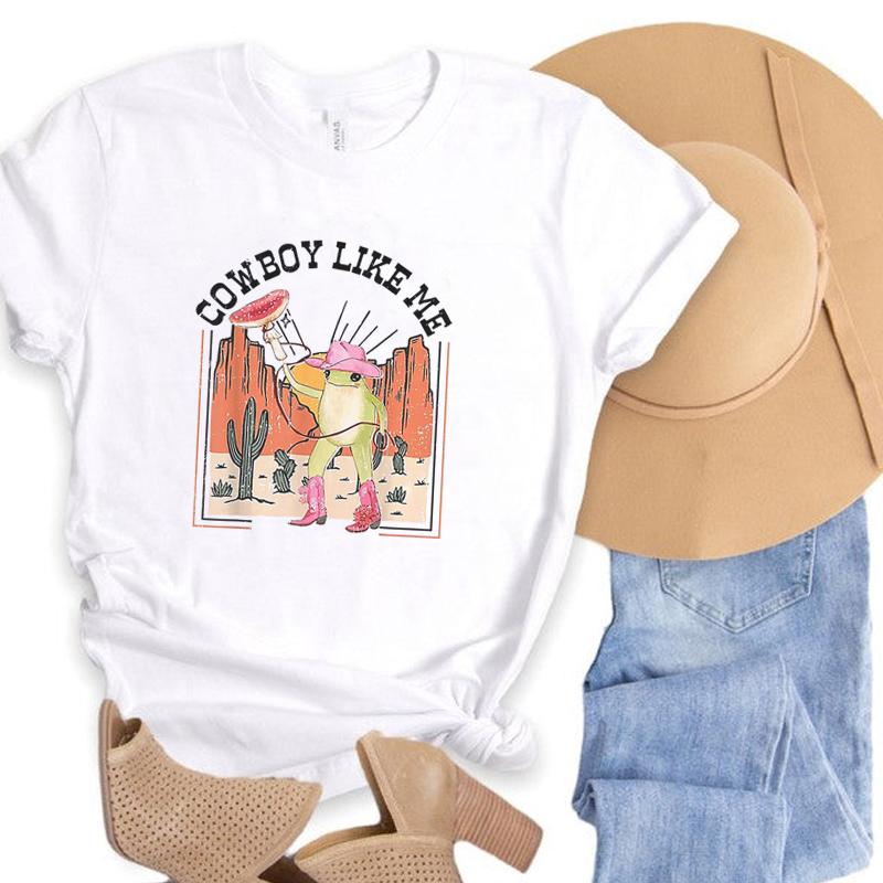 Cowboy Like Me Retro Western TShirts Frog Printed Funny Meme T Shirts Trendy Country Music Tee Shirt Women Hippie Vintage Tops S