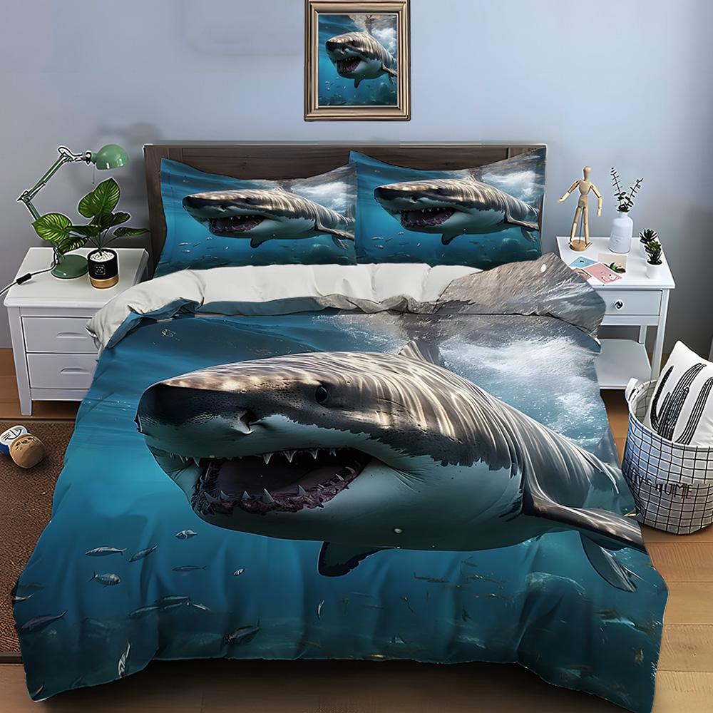 Impression de Requin Nagant avec Gueule Ouverte Housse de Couette Douce Confortable Ensemble de Literie Comprend 1*Housse de Couette  2*Taies d'Oreiller Cadeaux de Luxe EU Twin 135X200cm&set