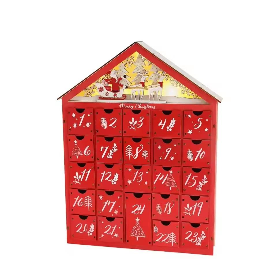 Hölzerner Weihnachts-Adventskalender mit 24 Aufbewahrungsschubladen Dorfhaus Countdown bis Weihnachten Nachfüllbarer DIY Countdown-Kalender