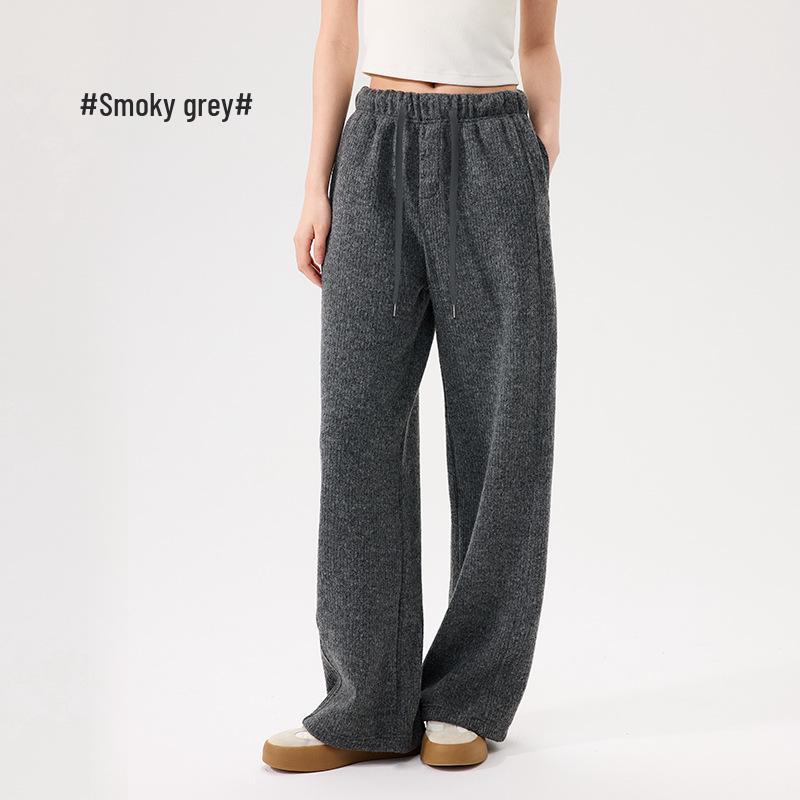 

Женские зимние вязаные полосатые спортивные штаны: Уютный, Теплый, Свободный крой, Повседневный корейский стиль, Прямые штанины. Extra Large древесный уголь