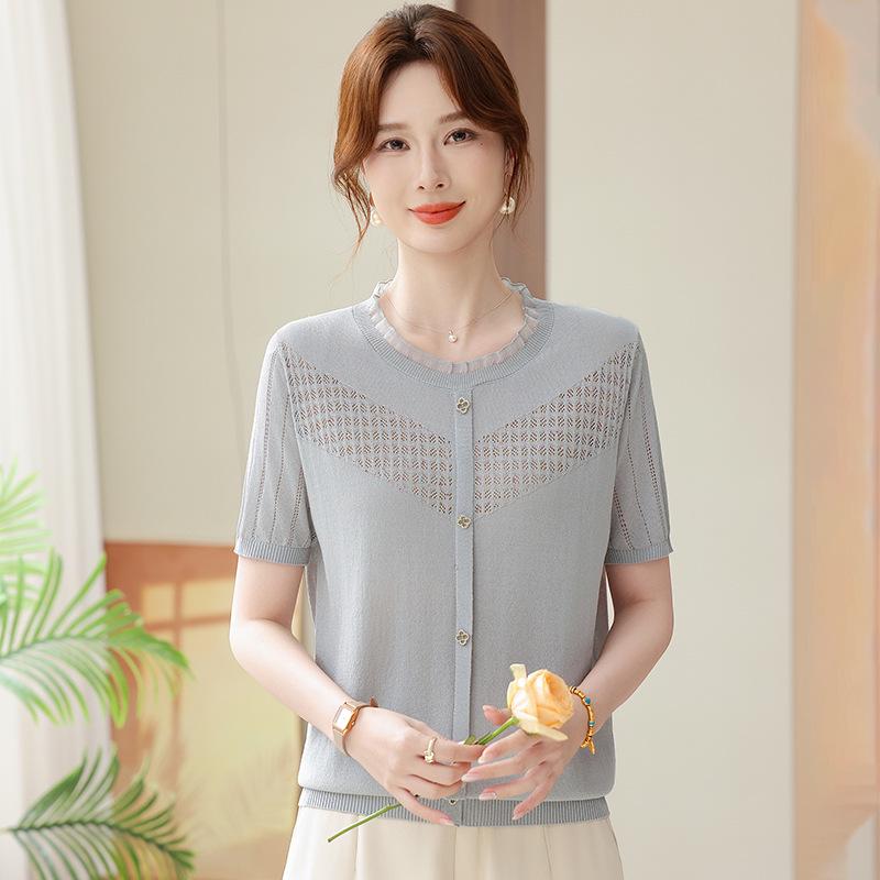 New 2026 Summer Ice Silk V-Neck T-Shirt: Short Sleeve & Loose Fit for Moms, Anti-Aging Top for Middle-Aged & Elderly Women.