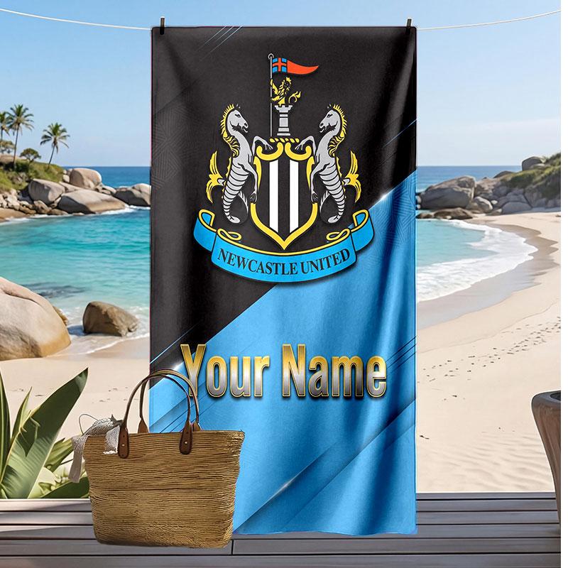 Newcastle United FC Personalized Printed Beach Towel Soccer Logo Support Custom Name Text Absorbent Towel For Sport Travel Special Gift