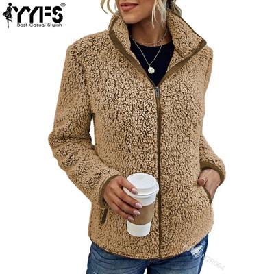 Women's Fashion Casual Solid Color Print Autumn Winter Long Sleeve POLO Neck Jackets & Coats