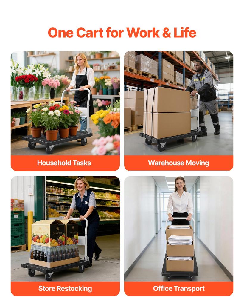 VEVOR Foldable Push Cart Dolly, 299.37 kg Capacity, Folding Platform Truck with Swivel Wheels, Moving Platform Hand Truck Flatbed Cart