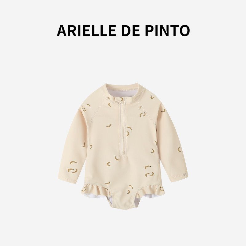 French Arielle De Pinto Children s Swimsuit Girls Baby One-Piece Long sleeve Sun Protection Quick-Drying Swimsuit Rice Banana Onesie (with Swim Cap) 130