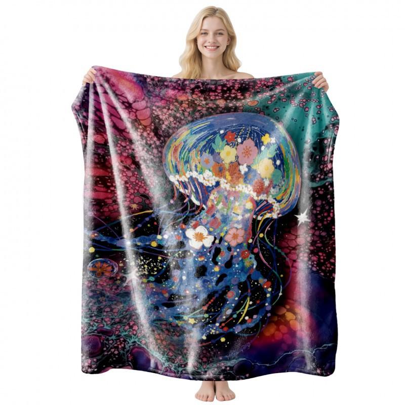 Soft Fleece Blanket With Starry Sky Print Camping Sofa Napping Air Conditioning Use Customizable Design