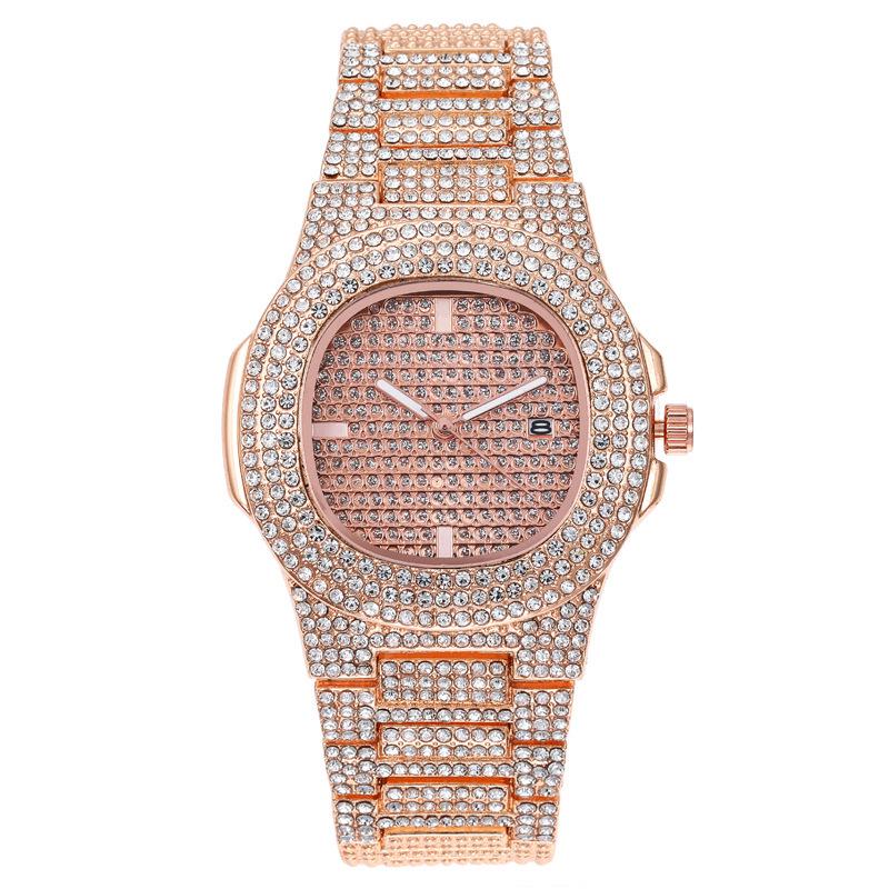 Luxury Unisex Full Diamond Steel Band Quartz Wristwatch with Calendar