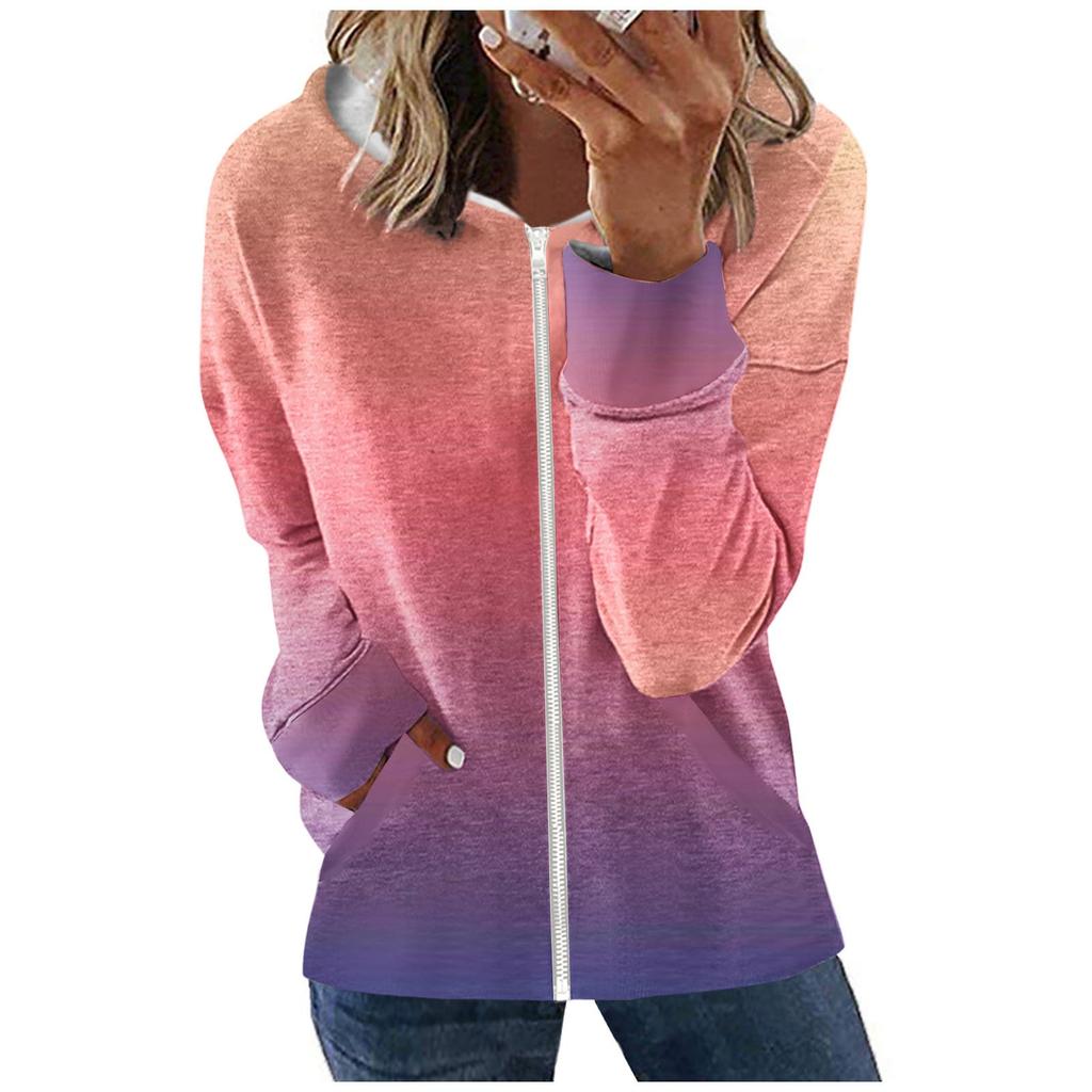 Damemote Casual Glidelås Gradient Langermet Pocket hettefrakk