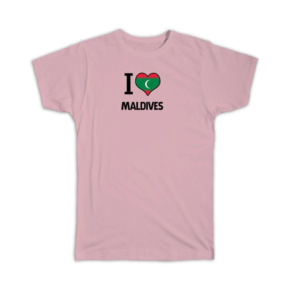 Gift T-Shirt : I Love Maldives Flag Heart Country Crest Maldivian Expat 4XL
