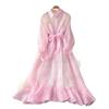 Light luxury long-sleeved lantern-sleeved mesh dress women's summer lace-up waist A-word elegant long dress commuting