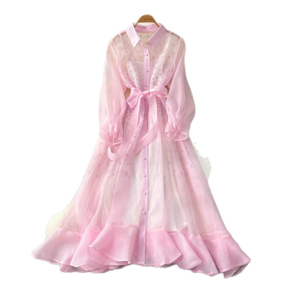 Light luxury long-sleeved lantern-sleeved mesh dress women's summer lace-up waist A-word elegant long dress commuting