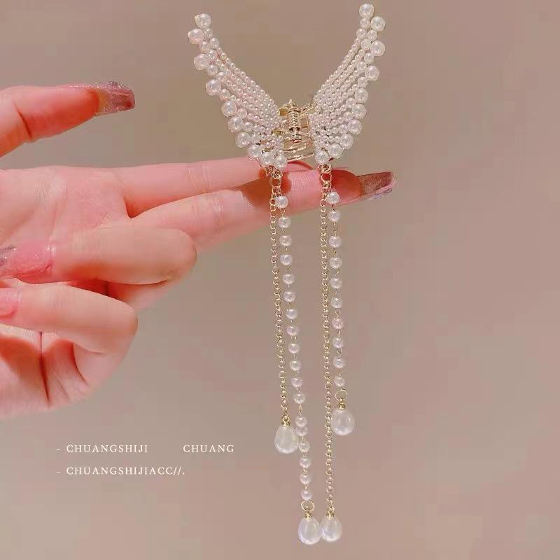 

2024 Заколка-краб для волос с кисточкой, жемчугом и бабочкой высокого класса для элегантной высокой прически