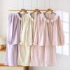 Women's Pure Cotton Pajama Set with Built-in Bra, Lace-Trimmed Gauze, Long Sleeve Cardigan; Versatile for Spring/Autumn, Indoors or Outdoors.