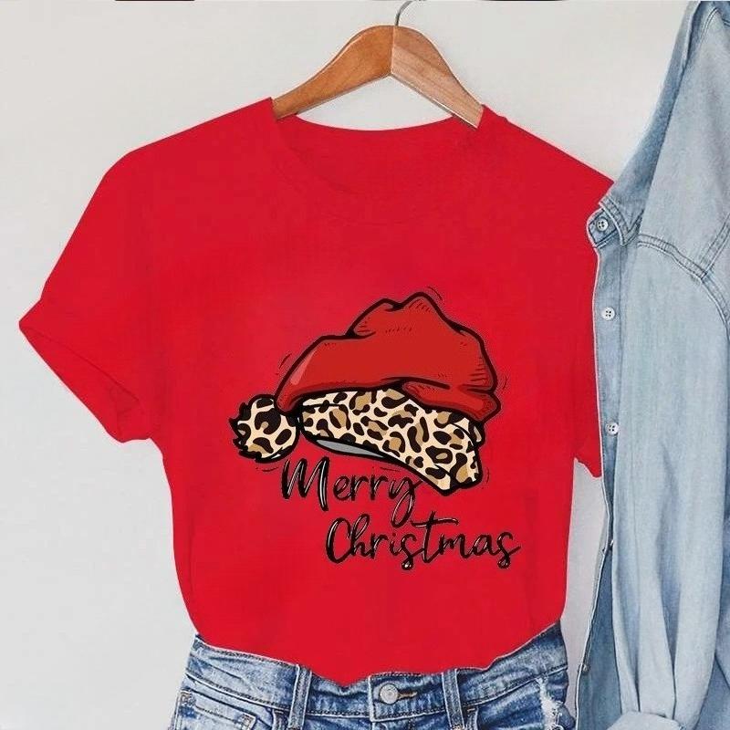 Womens short sleeved Tshirt  summer leopard print Christmas hat Merry Christmas print  fashionable and trendy Womens Tshirt