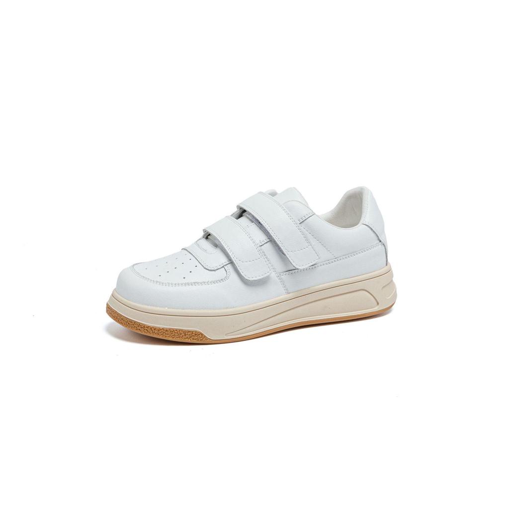 Women's White Platform Sneakers - 5cm Height Boost, Autumn Casual, Velcro, Thick Sole, Genuine Leather.