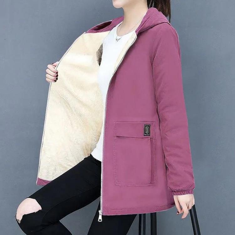 Large Size Women's Hooded Fleece Jacket Long Casual Coats Autumn Fashion Outerwear