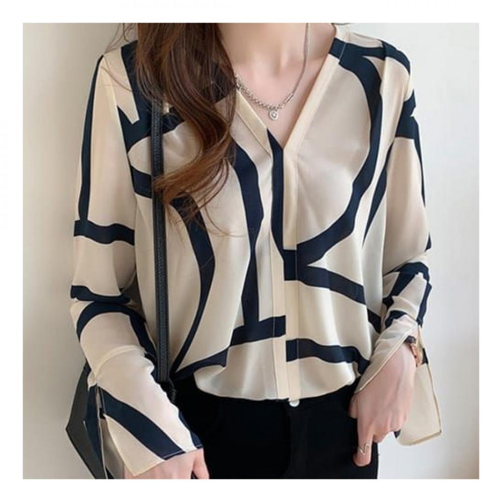 NaVaVa Women Vintage Line Point V Neck Long sleeVe Blouse Nb1957