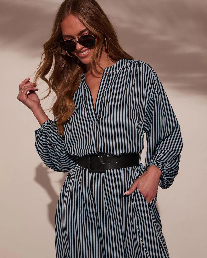 European and American Women's V-Neck Striped Belt Shirt Dress - Autumn 2025 Fashion