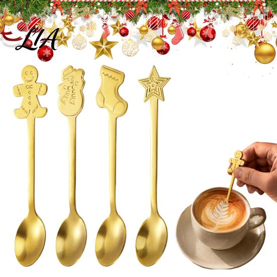 Home Afternoon Tea Accessories 4Pcs Christmas Stainless Steel Spoons Set, Gingerbread Man Tree Coffee Flatware Set Stirring Teaspoons, Dessert