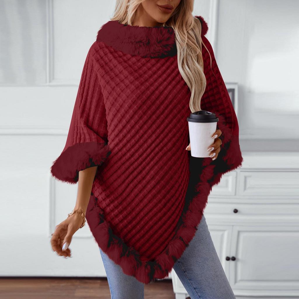Women's Solid Color Wool Collar Pullover Sweater Thick Vintage Plaid Knitted Cloak Shawl For Party