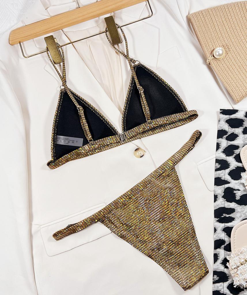 Sexy Women's Swimsuit Gold Shiny Triangle Bag Buckle Bikini Set Beachwear Bathing Suits