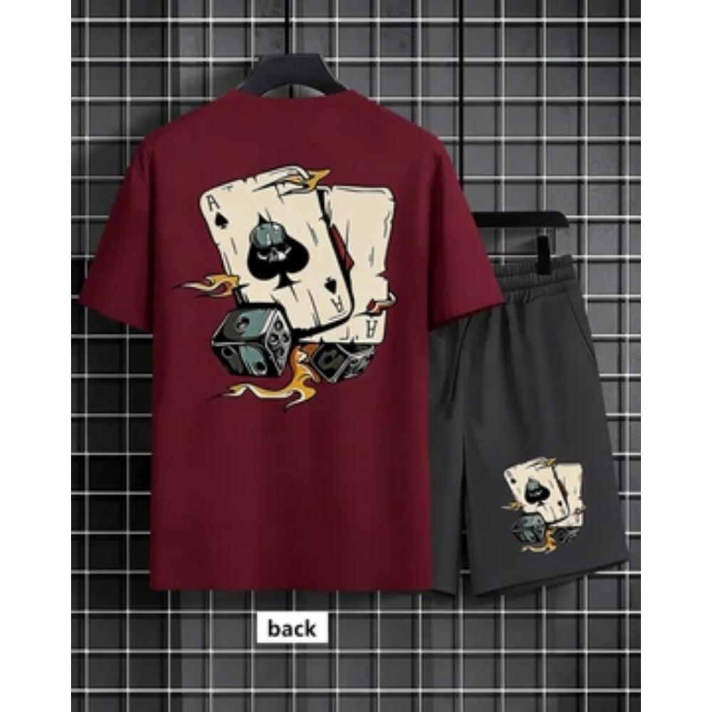 American men's summer fashion poker graffiti print comfortable breathable round neck T-shirt shorts set outdoor streetwear