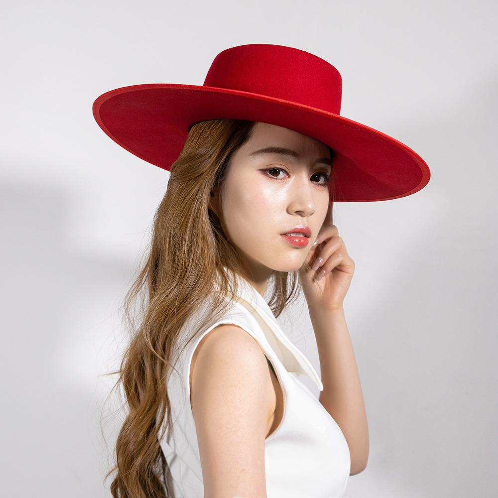 Spring and Autumn Fashion Retro British Ribbon Hemming Flat Top Big Brim Wool Felt Hat Top Hat Big Brim Wide Brim Cold Protection