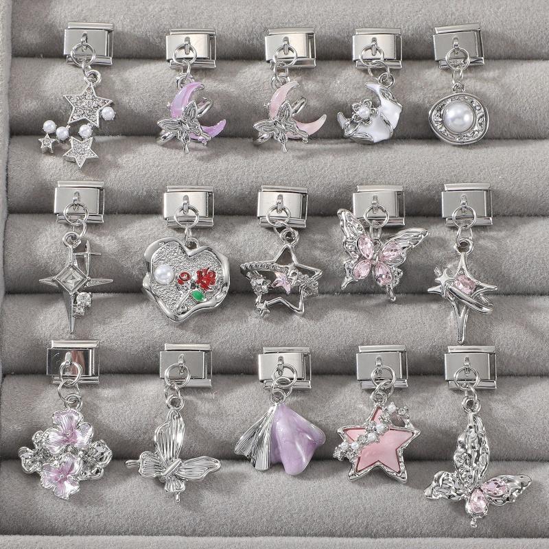 Pink Butterfly Romantic Flowers Heart Star Moon Pendant Italian Charm Links Fit 9mm Bracelet Stainless Steel DIY Making Jewelry