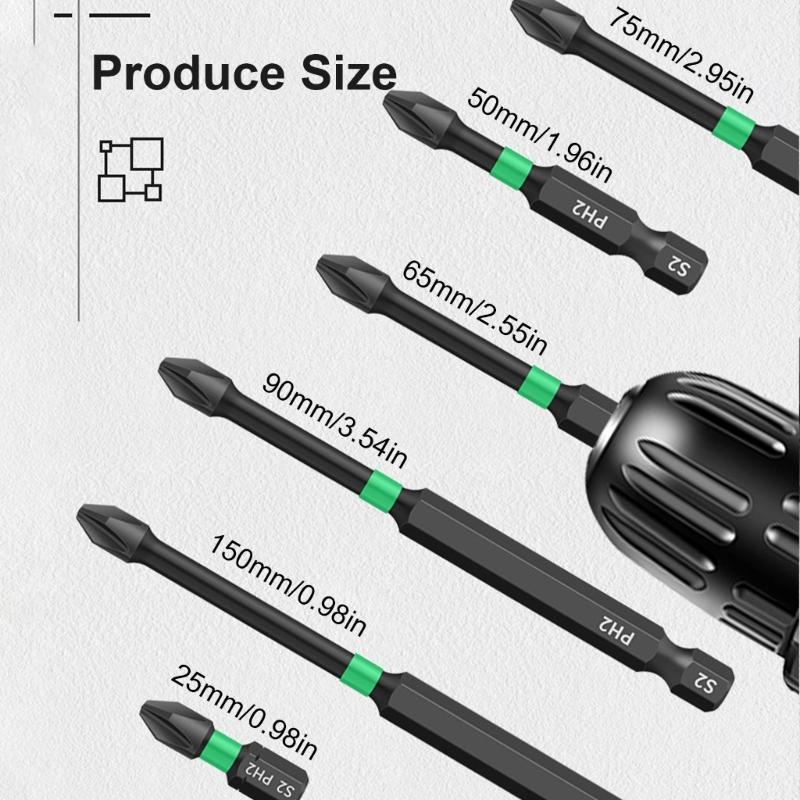 5Pcs Magnetic Batch Head Impact Strong Crossing PH2 High Hardness Screwdriver Bits 25/50/65/70/90/150mm Waterproof Bits