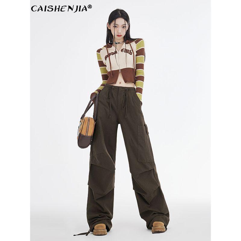 

Fashion Retro Dark Brown High Waist Drawstring Cargo Pants Dark Brown [Long]] M