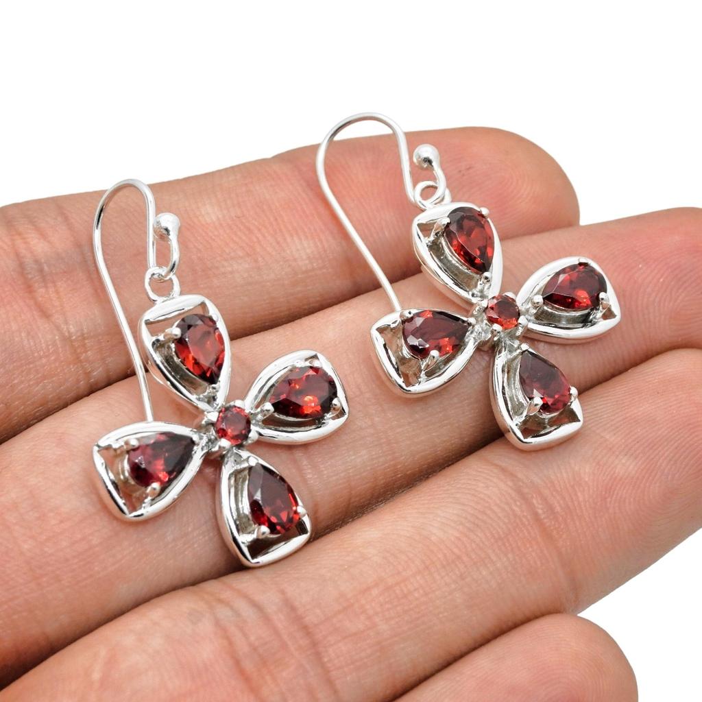Handmade 925 Sterling Silver Garnet Flower Drop Earrings – Natural Red Gemstone Boho Dangle Jewelry for Women