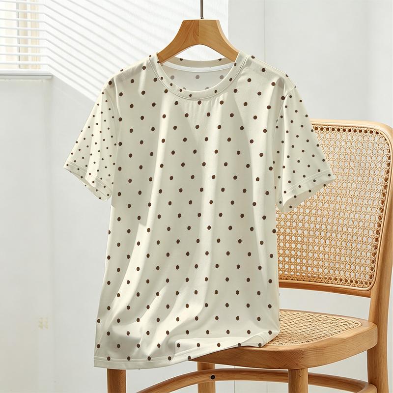 Women's Short Loose Fit Polka Dot T-Shirt - Soft Skin-Friendly Casual Top, Minimalist Commute Style, Versatile for Daily Wear & Outdoor Walks
