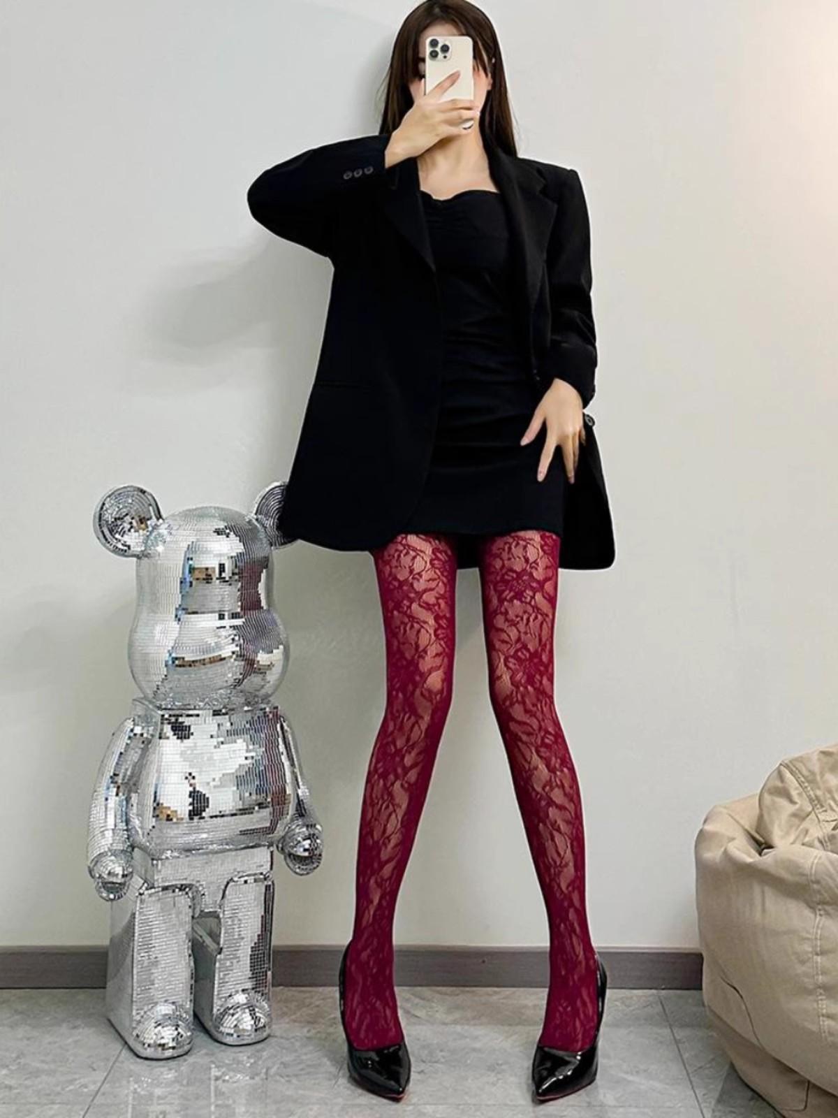 

Классические носки Лолиты с цветами Каваи Кружевные сетчатые чулки Колготки с ластовицей Японская Лолита Ретро Цветочный ротанг Красные чулки Колготки