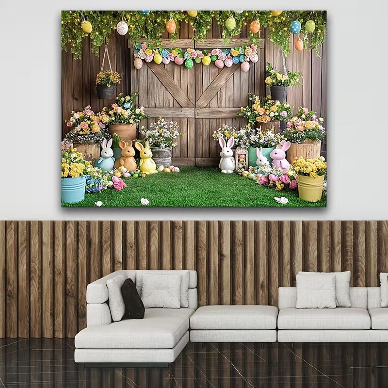 2D Rustic Easter Backdrop - Cute Bunny Photography Background for Party