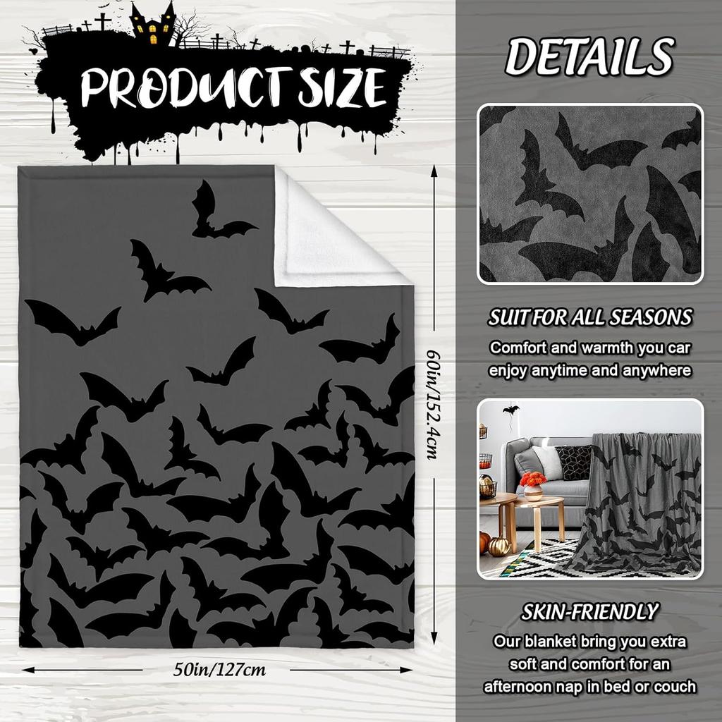 Halloween Fuzzy Blanket Bat Throw Blanket Gray Black Soft Cozy Flannel Blanket for Home Bed Sofa Couch Chair, 50 X 60 Inch