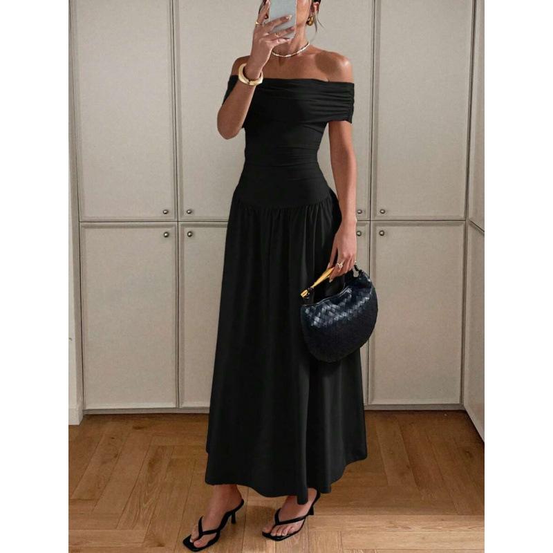 European and American Pure Desire Sexy One-word Shoulder Off the Shoulder Simple Fashion Elegant Waist Thin Dress Women