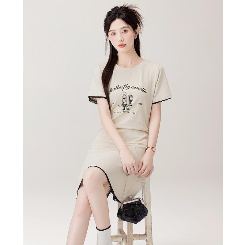 

Летний колледжский стиль милая повседневная футболка с маленькой талией юбка женская прическа облегающее платье с коротким рукавом L абрикосовый