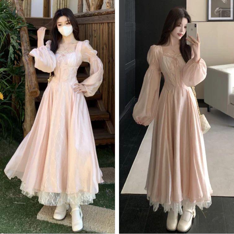 

Plus Size French Noble Lace Patchwork Long Sleeve Dress for Women - Spring/Autumn Waist-Cinching Princess Skirt for Chubby Girls S 86-96