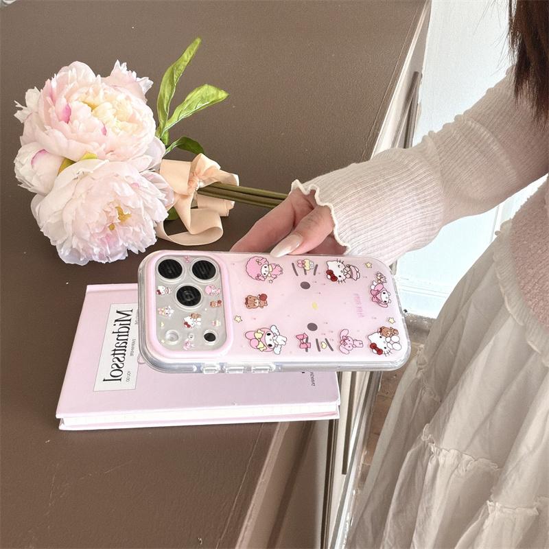 New Hello Kitty My Melody Pink Clear Phone Case With Beaded Chain For iPhone 14 15 16 17 Pro Max INS Cute Shockproof Cover Girls