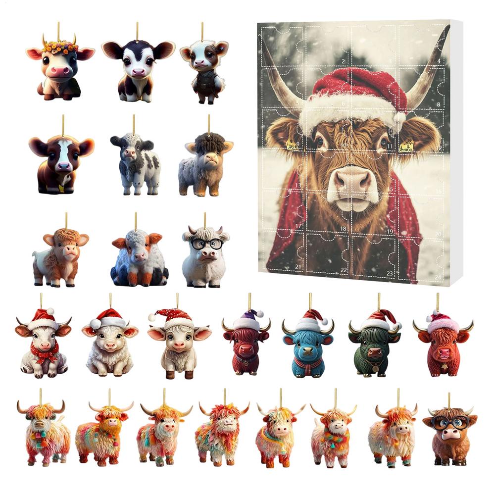 

Christmas Advent Calendar 24 Days Highland Cow Ornaments 2D Acrylic Cute Animal Christmas Tree Decorations Xmas Countdown Gifts L