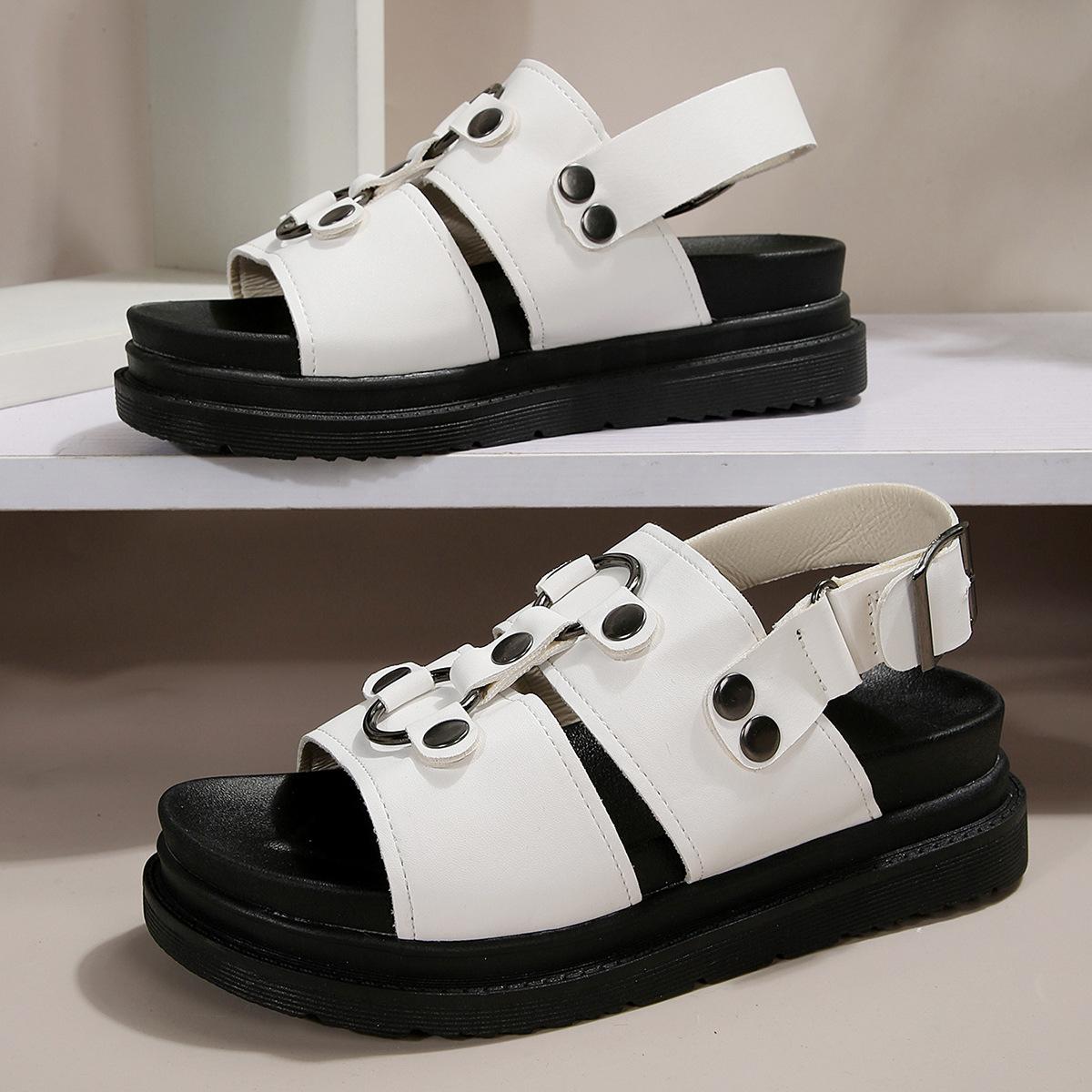 

2024 Новые модные женские сандалии на плоской подошве с пряжкой на поясе, на толстой подошве, с мягкой подошвой, с одним словом, женские сандалии 35 белый