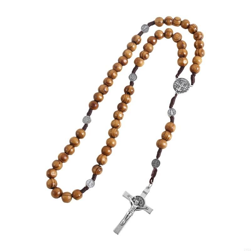 Braided Wood Beads Chain Rosary Necklace with Pardon Crucifix Crosses Medals Pendant Christians Religious Communion Gift